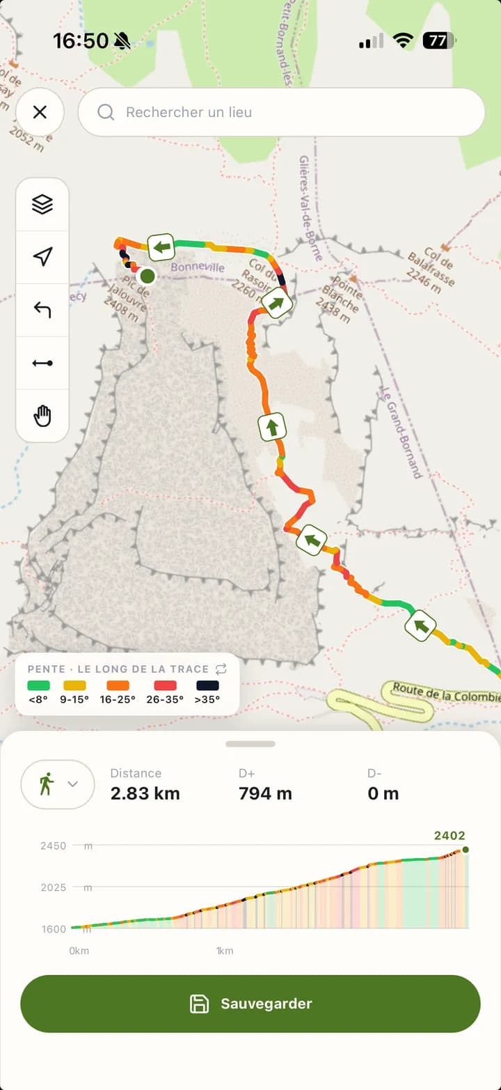 Drawing a route with slope colouring and an alternative path