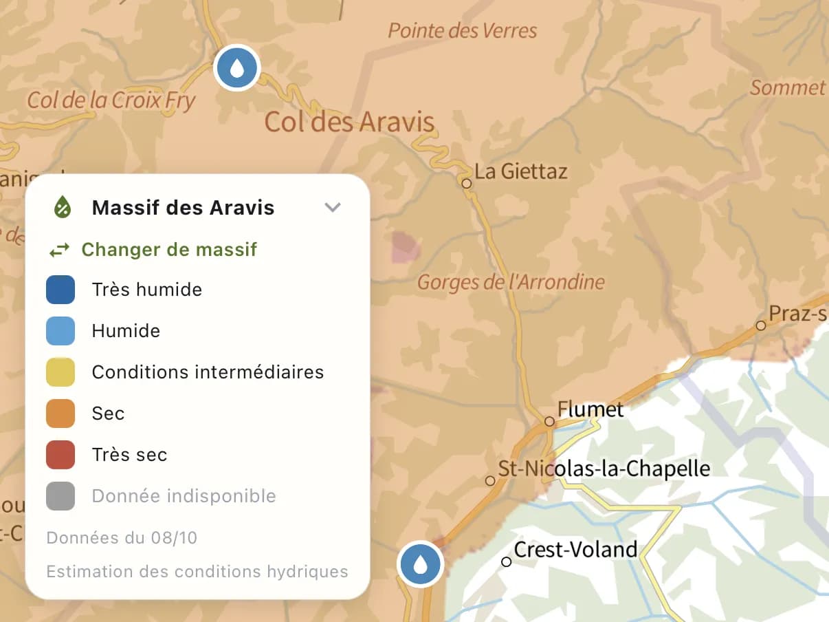 Soil moisture of the Aravis massif with its legend
