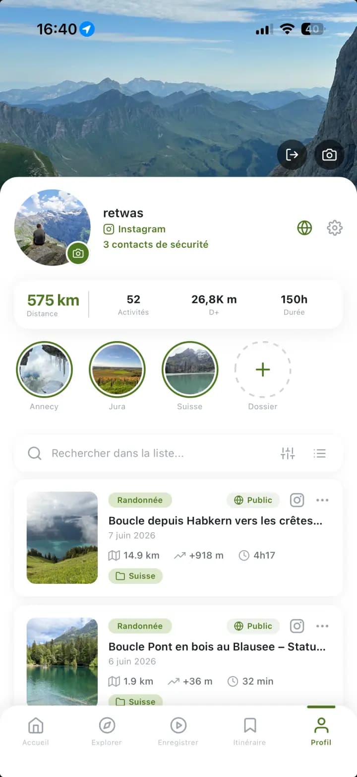 Profile with stats and trips
