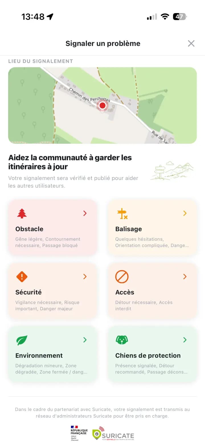 Report a problem screen with its six categories