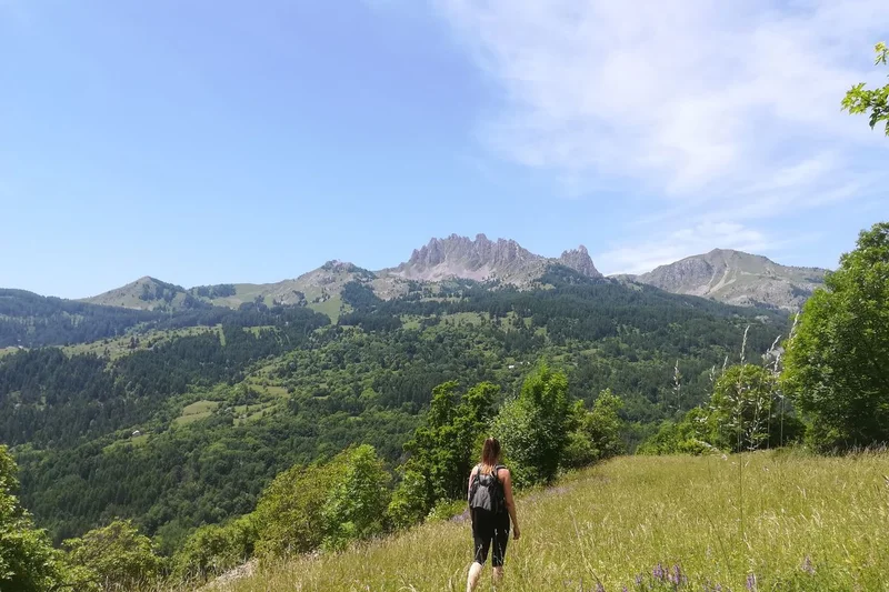 Passage dans un prés avec vue  sur le Pic de Chabrières · © amelie.vallier